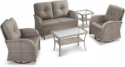 5 Pieces Patio Furniture Set-Outdoor Rocking Chairs Set of 2 Outdoor Glider Bench with Wicker Outdoor Coffee Table for Deck Lawn Porch Balcony Poolside-Grey/Grey