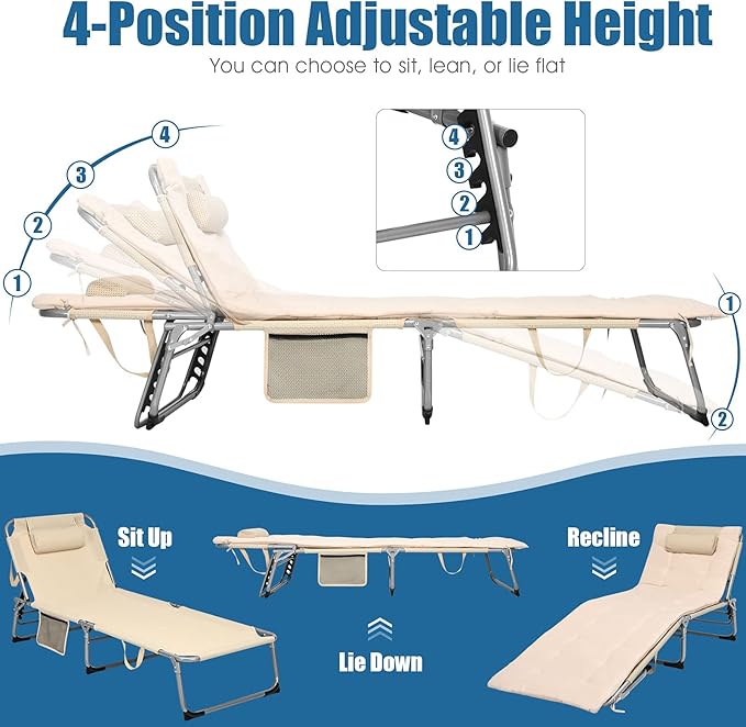 Giantex Lounge Chair Chaise Lounger, Beach Recliner with Mattress, 4 Adjustable Reclining Position, Pillow, Side Pocket for Beach, Sunbathing, Patio, Pool, Lawn, Deck Folding Camping Cot (2, Beige)