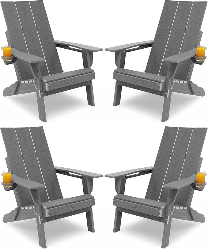 Adirondack Chair with Cup Holder: Folding Adirondack Chairs Set of 4 Plastic HDPE Material Furniture - Modern Composite Fire Pit Chairs Foldable for Outdoor/Backyard/Garden/Lawn/Deck/Porch