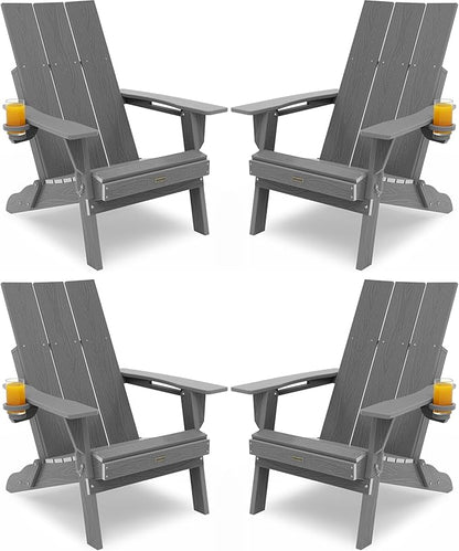 Adirondack Chair with Cup Holder: Folding Adirondack Chairs Set of 4 Plastic HDPE Material Furniture - Modern Composite Fire Pit Chairs Foldable for Outdoor/Backyard/Garden/Lawn/Deck/Porch