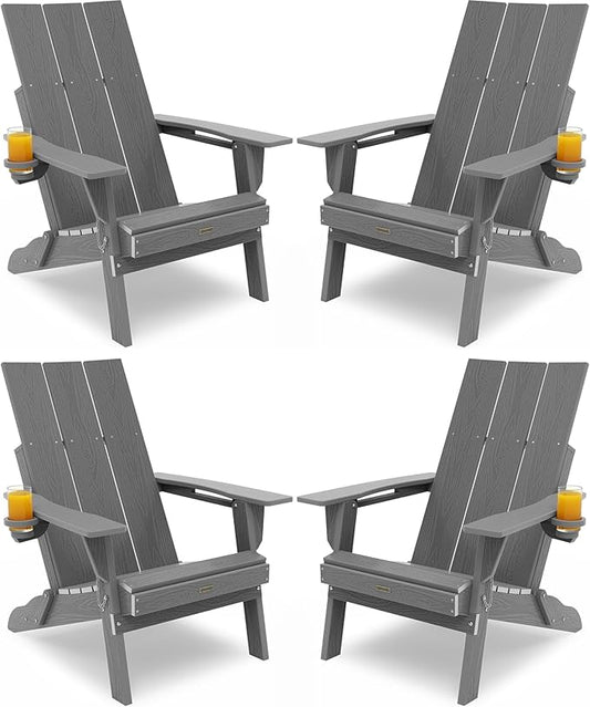 Adirondack Chair with Cup Holder: Folding Adirondack Chairs Set of 4 Plastic HDPE Material Furniture - Modern Composite Fire Pit Chairs Foldable for Outdoor/Backyard/Garden/Lawn/Deck/Porch