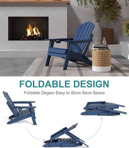 FOOWIN Adirondack Chair Set of 4, Folding HDPE Patio Chairs with Cup Holder, 400LBS Heavy Duty Fire Pit Chairs for Garden, Deck, Backyard, Weather Resistant, Easy Assembly, Navy Blue