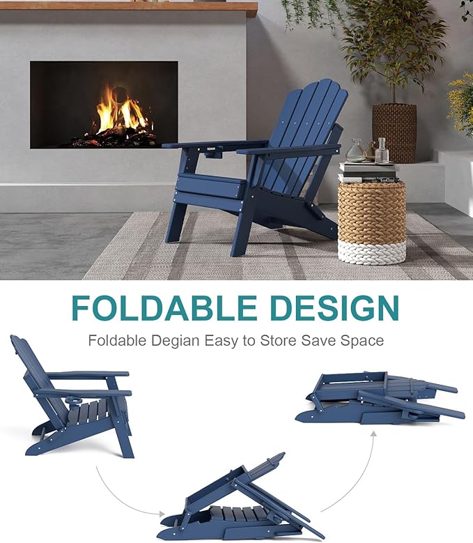 FOOWIN Adirondack Chair Set of 8, Folding HDPE Patio Chairs with Cup Holder, 400LBS Heavy Duty Commercial Fire Pit Seating for Resort, Hotel, Event, Large Deck,Navy Blue