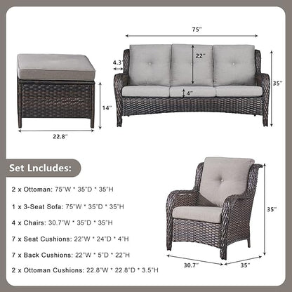 Rilyson Wicker Patio Furniture Set - 7 Piece Rattan Outdoor Sectional Conversation Sets with 1 Sofa,4 Armrest Chairs and 2 Ottomans for Porch Deck Garden(Brown/Grey)