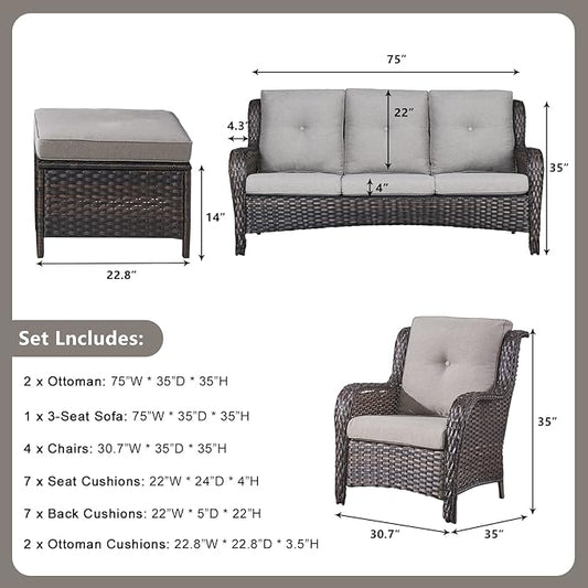 Rilyson Wicker Patio Furniture Set - 7 Piece Rattan Outdoor Sectional Conversation Sets with 1 Sofa,4 Armrest Chairs and 2 Ottomans for Porch Deck Garden(Brown/Grey)