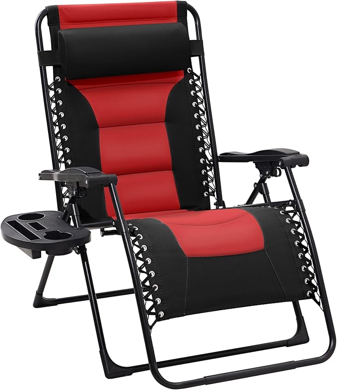JEAREY Oversized Padded Zero Gravity Chairs, Folding Lounge Chair Outdoor Patio Recliner, Anti Gravity Chair for Backyard with Headrest, Cup Holder, Side Tray, Polyester Mesh - Black/Red