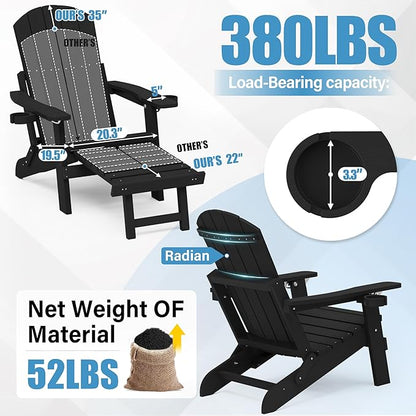 YEFU Adjustable Adirondack Chair with Footrest Set of 4, 5-Level Adjustable Adirondack Chair with Retractable Ottoman& 2 Cup Holder, Folding Adirondacks Chairs Use for Outdoor, Pool, Fire Pit (Black)