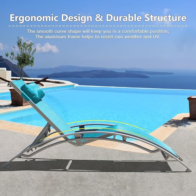 Domi Pool Lounge Chairs Set of 2 with Side Table, Aluminum Adjustable Outdoor Chaise Lounge - Photo 6