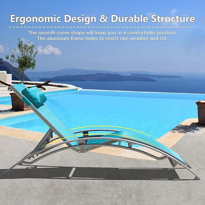 Domi Pool Lounge Chairs Set of 2 with Side Table, Aluminum Adjustable Outdoor Chaise Lounge, All Weather Poolside Chairs for Deck Lawn Poolside, Textilene (Turquoise Blue)