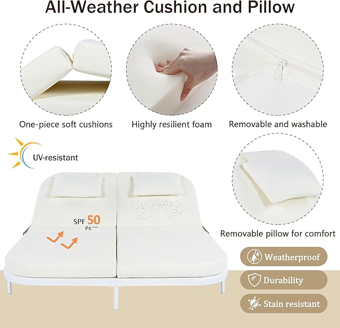 SOFTSEA Patio Rattan Daybed for 2 People, with 5-Position Adjustable Backrest, Outdoor Chaise Lounge with Removable Cushions&Pillows, Iron Frame Outdoor Bed Loveseat for Pool Garden, Beige+White