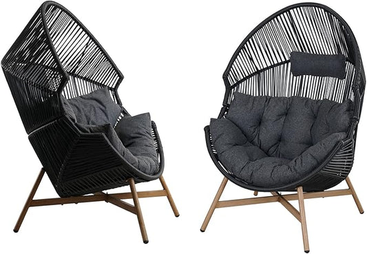 Grand patio Outdoor & Indoor Egg Chair 2PC, PE Wicker Open Weave Wood Grain Finish Oversized Egg Cocoon Chairs with Stand Lounge Chair Comfortable for Front Porch, Living Room, Bedroom (Dark Grey 2PC)