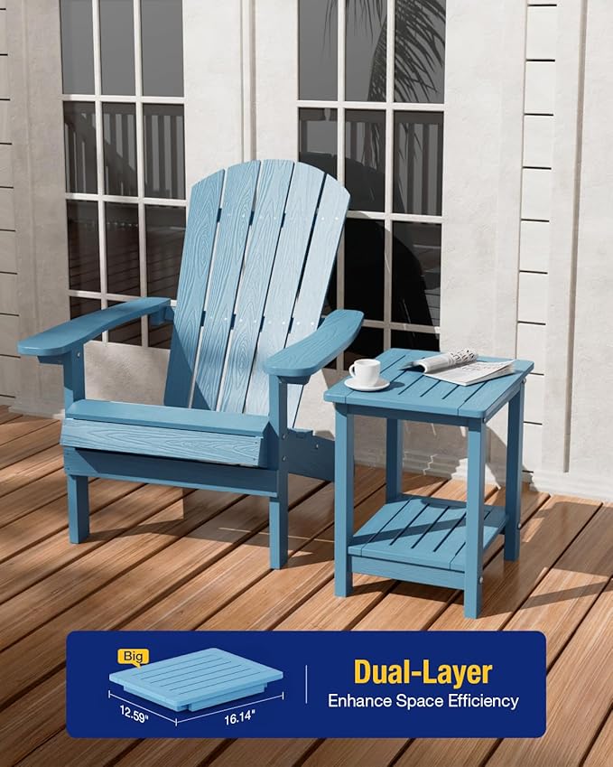 YEFU Outdoor Side Table for Patio: 16" HIPS Weather - Resistant Adirondack Tables Set of 2 - Small Square End Tables for Backyard Pool Porch Balcony - Indoor Outdoor Double Layer Table Blue