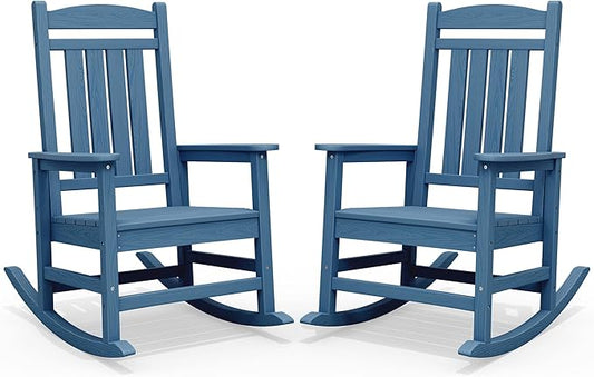 SERWALL Rocking Chairs Set of 2, HDPE Outdoor Rocking Chair, All-Weather Porch Rockers for Patio, Blue