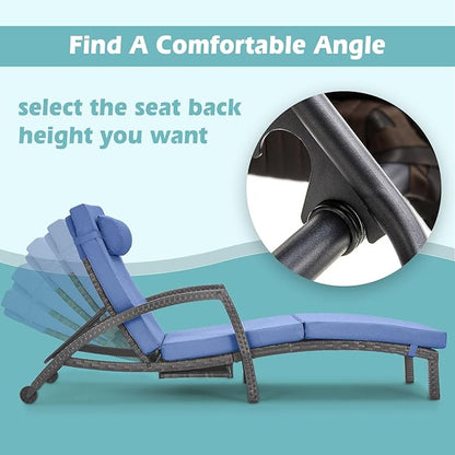 Chaise Lounge Chairs Outdoor Set of 2, Comfy Outside Wicker Patio Pool Lounge Chair w/ 5 Adjustable Back Angle, Cup Holder, Thicken Cushion