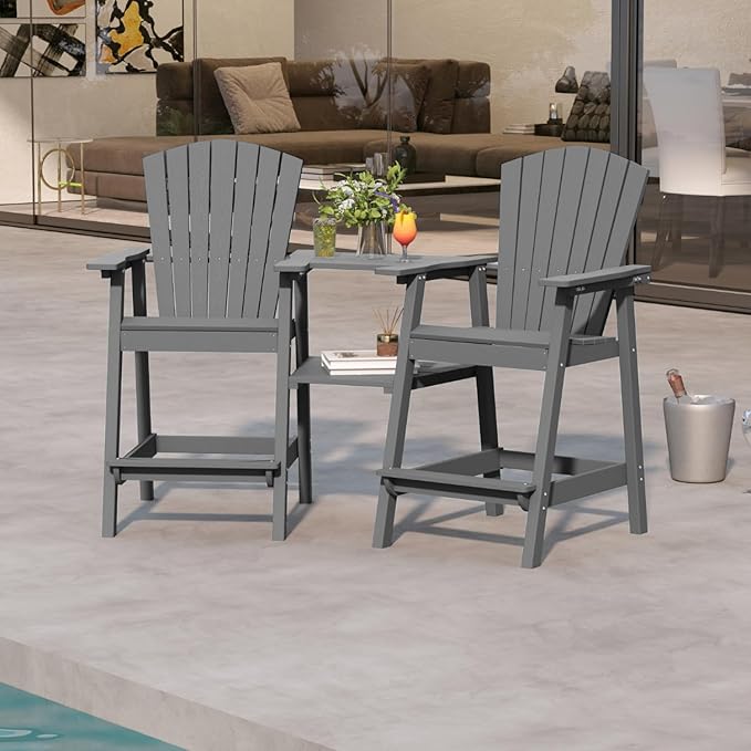 Grey HDPE Tall Adirondack Chair Set of 2 with Beige 9FT Patio Umbrella, All-Weather Outdoor Bar Height Chairs with Trays & Umbrella Hole for Garden, Balcony, Lawn