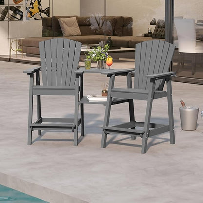 Grey HDPE Tall Adirondack Chair Set of 2 with Beige 9FT Patio Umbrella, All-Weather Outdoor Bar Height Chairs with Trays & Umbrella Hole for Garden, Balcony, Lawn