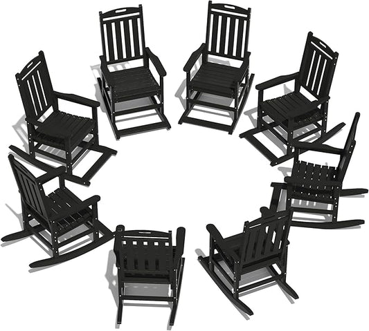 LOUNZY Outdoor Rocking Chair with Footboards Set of 8, HDPE Rocking Chair Patio Porch Rocker with 380lbs Support for Adult, Black