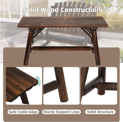 Outdoor Coffee Table, Thick Wooden Patio Adirondack Log Coffee Table with Slatted Tabletop, Wood Rustic Rectangle Center Table for Deck, Garden, Balcony, Indoor or Outdoor Use, Carbonized