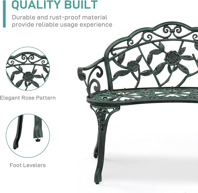 38.5” Outdoor Porch Bench with Hollow Rose Design,Elegant Garden Bench Park Bench for Backyard,Iron Bench with Arms,Antique Green
