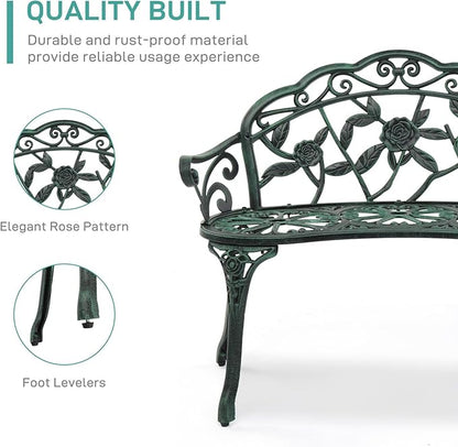 38.5” Outdoor Porch Bench with Hollow Rose Design,Elegant Garden Bench Park Bench for Backyard,Iron Bench with Arms,Antique Green