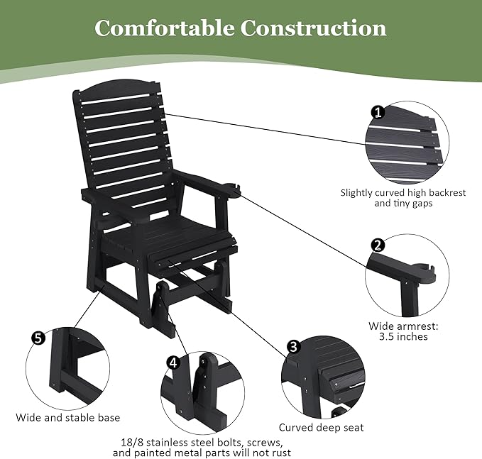 Poly Lumber Patio Glider for One Person, with Cup Holders, High Backrest and Deep Contoured Seat, HIPS Material - Photo 4