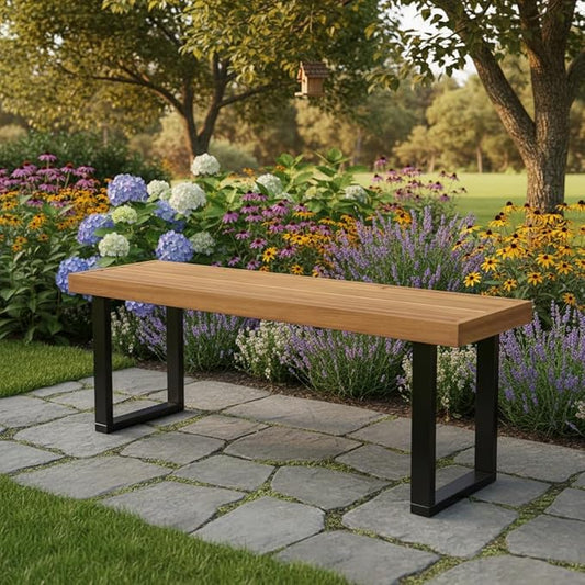 Tangkula Acacia Wood Outdoor Bench, 48" Long Patio Dining Bench w/Metal Legs, Slatted Seat, Backless Picnic Bench, Farmhouse Furniture for Garden Poolside Porch Balcony Deck Indoor (1,Natural)