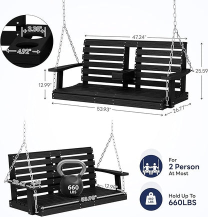 KINGYES Outdoor Hanging Porch Swing Set of 4, 2 Seat Patio Chair With Cup Holders, Waterproof Bench for Courtyard & Garden, 660LBS Weight Capacity, Black