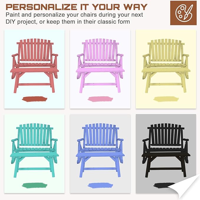 HOMEDIARY Outdoor Wood Rocking Bench Set, Patio Bistro Set-2 Person Rustic Adirondack Log Rocker with Side Table, Slatted Seat/High Backrest, Patio Rocking Furniture Set for Garden Backyard, Natural