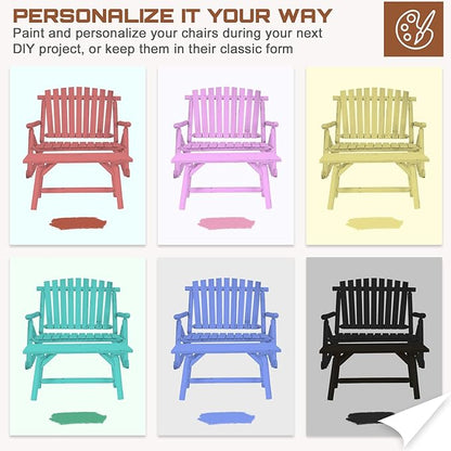HOMEDIARY Outdoor Wood Rocking Bench Set, Patio Bistro Set-2 Person Rustic Adirondack Log Rocker with Side Table, Slatted Seat/High Backrest, Patio Rocking Furniture Set for Garden Backyard, Natural