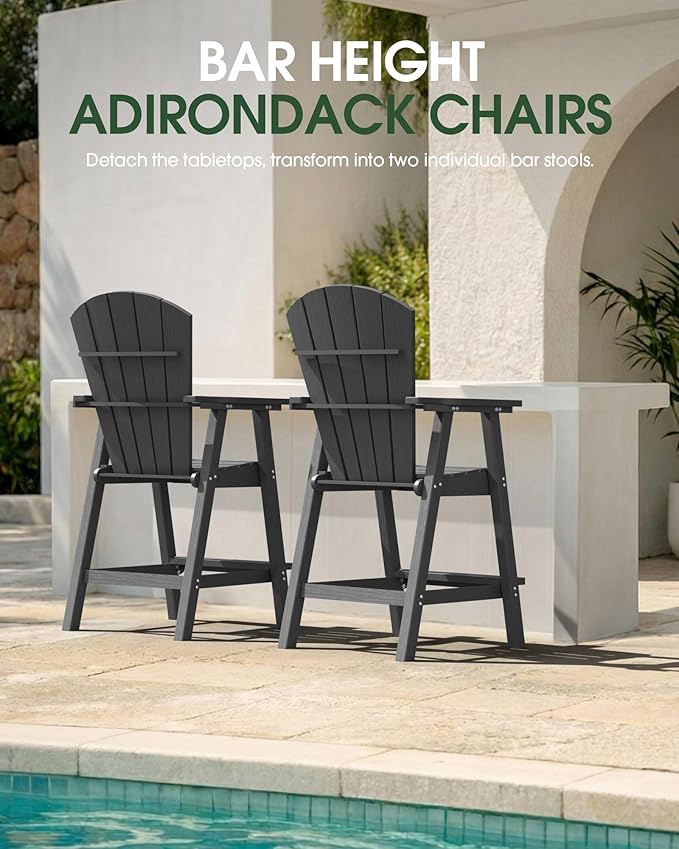 Tall Adirondack Chairs Set of 4, HDPE High Adirondack Chairs with Double Removable Trays, All Weather Outdoor Barstools for Patio, Balcony, Backyard, Deck and Garden, Darkgrey