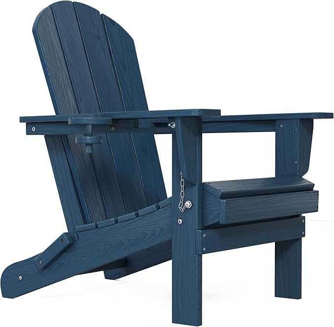Outdoor Folding Adirondack Chair Set of 3 for Patio Fire Pit, Wooden Textured HDPE Adjustable Chairs with Cup Holder, Waterproof All Weather Resistant Plastic for Pool Lawn Garden Backyard(NavyBlue)