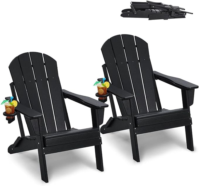 Adirondack Chair Plastic Set of 2 All-Weather Folding Fire Pit Black