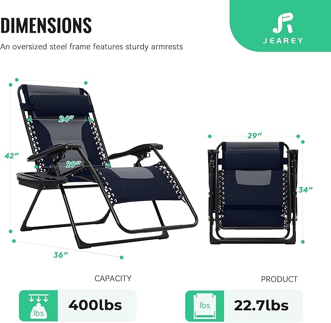 JEAREY Oversized Padded Zero Gravity Chairs, Folding Lounge Chair Outdoor Patio Recliner, Anti Gravity Chair for Backyard with Headrest, Cup Holder, Side Tray, Polyester Mesh - Navy/Gray