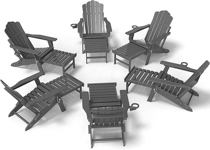 FOOWIN Adjustable Adirondack Chair with Retractable Ottoman Set of 6, Folding Adirondack Chair with Cup Holder, HDPE All-Weather Fire Pit Chair for Patio, Yard, Poolside, Grey