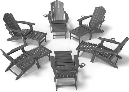 FOOWIN Adjustable Adirondack Chair with Retractable Ottoman Set of 6, Folding Adirondack Chair with Cup Holder, HDPE All-Weather Fire Pit Chair for Patio, Yard, Poolside, Grey