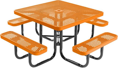 COATEDOUTDOORFURNITURE Heavy-Duty Portable Outdoor Picnic Table with Umbrella Hole, Expanded Metal Commercial-Grade Patio Dining Furniture Made in America (46" Square Top, Orange)