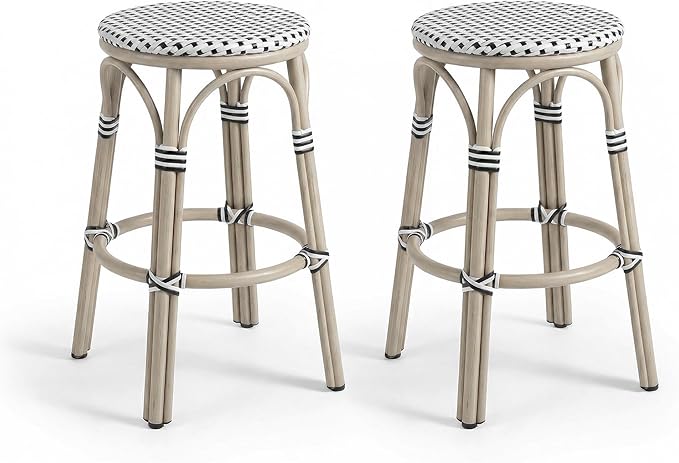 PURPLE LEAF Outdoor French Round Bar Stool Set of 2 Backless 30" Oversized Handwoven Rattan Barstools with White Print Aluminum Frame for Bistro Kitchen Island Yard Pool White and Black