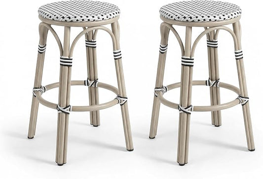 PURPLE LEAF Outdoor French Round Bar Stool Set of 2 Backless 30" Oversized Handwoven Rattan Barstools with White Print Aluminum Frame for Bistro Kitchen Island Yard Pool White and Black