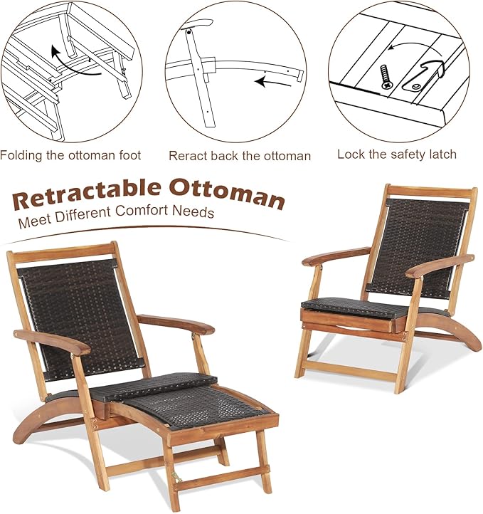 RELAX4LIFE Patio Chaise Lounge Chair Set of 3, Acacia Wood Folding Rattan Wicker Chairs w/Retractable Footrest, Side Table, 3-Piece Outdoor Patio Furniture, Fire Pit Deck Chairs Set for Porch Poolside