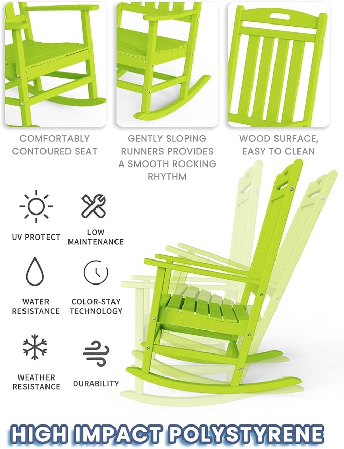 Outdoor Rocking Chair Set of 4, High Back HDPE Patio Chair, All Weather Porch Rocker, Lawn Chair for Deck, Porch, Backyard, Garden, Lime