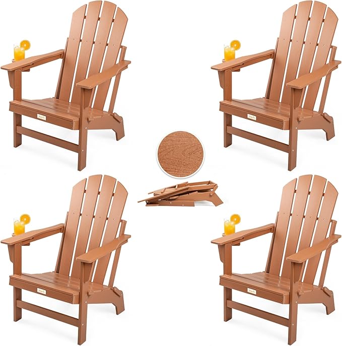 Folding Adirondack Chairs Set of 4, All Weather Stable Gun-Leg Design Fire Pit Chairs with Cupholder for Outside