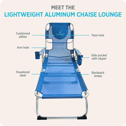 Ostrich the Margate Chaise Lounge, Facedown Pool Tanning Chair, Portable Outdoor Lounger for Beach and Camping, Breathable Mesh Fabric, Blue