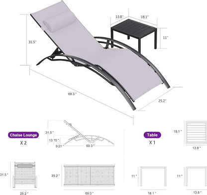 PURPLE LEAF Patio Chaise Lounge Set of 3 Outdoor Lounge Chair Beach Pool Sunbathing Lawn Lounger Recliner Outside Tanning Chairs with Arm for All Weather, Side Table Included, Light Grey