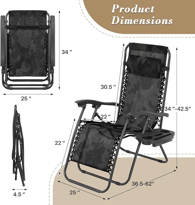 Athena Collection Zero Gravity Outdoor Lounge Chair Set of 2, 25" Width Pool Lounge Lawn Chairs Reclining, Outdoor Chaise with Cup Holder for Beach Patio Backyard Outside, Camouflage