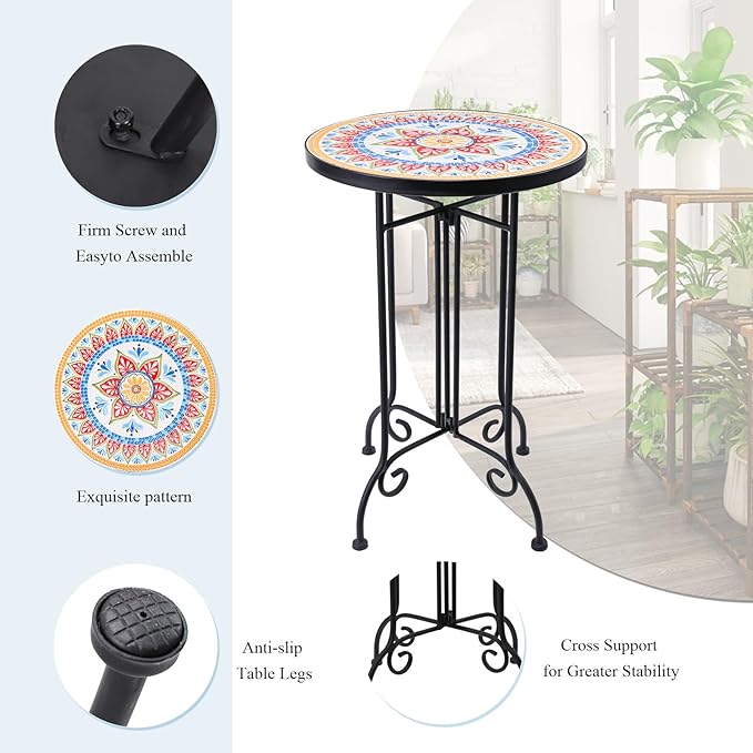 VCUTEKA Mosaic Outdoor Side Table, Round Rustproof Patio Tables with 14" Ceramic Tile Top, Indoor Porch Accent Table for Yard, Garden, Living Room, Bistro Balcony, Orange