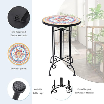 VCUTEKA Mosaic Outdoor Side Table, Round Rustproof Patio Tables with 14" Ceramic Tile Top, Indoor Porch Accent Table for Yard, Garden, Living Room, Bistro Balcony, Orange