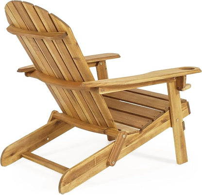 Christopher Knight Home Vera Acacia Wood Lounge Chair Outdoor, Adirondack Chair with Cup Holders, Slatted Design Side Chair, Extra Seating for Balcony Backyard Poolside Garden, Weather Resistant, Teak