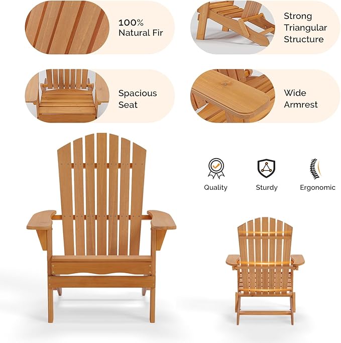 VINGLI Folding Adirondack Chairs Set of 2, Wood Adirondack Chair for Outdoor, Foldable Fire Pit Chairs for Patio, BBQ, Porch, Yard, Pool