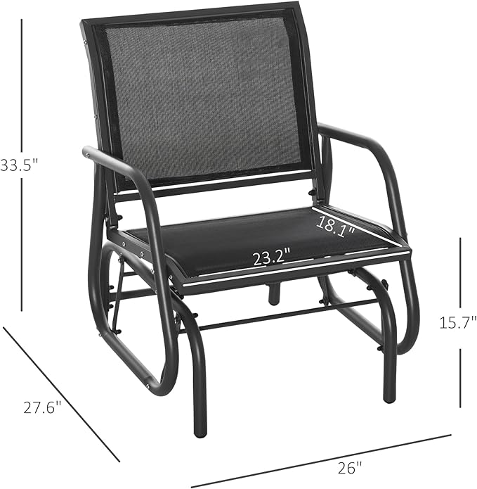Outsunny Porch Glider, Metal Frame Swing Glider Chair with Breathable Mesh Fabric, Steel Frame and Curved Armrests for Garden, Poolside, Backyard, Balcony, Black