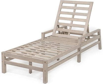 Leisure Zone 5-Position Adjustable Outdoor Chaise Lounge Set of 2, Solid Acacia Wood Patio Recliner Chairs with Beige Thick Weather-Resistant Cushions, for Pool, Balcony, Garden (Gray)